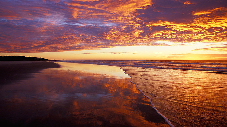 Playa, puesta de sol, agua, mar, arena, naturaleza, Costa