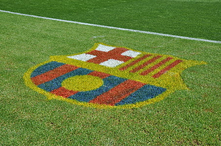 Barcelona, fotbal, tráva, čára, logo
