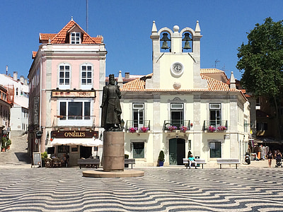cascais, portugal, wave, homes, statue