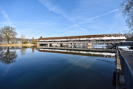Bridge, floden, vatten, trä, landskap, arkitektur, Schweiz