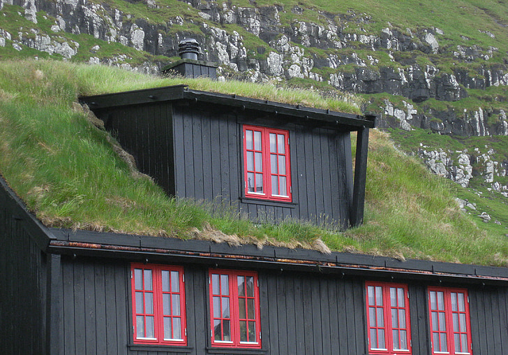 faroes, grass roof, wooden house