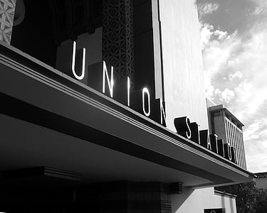 union station, downtown, los angeles, black and white, landmark, train
