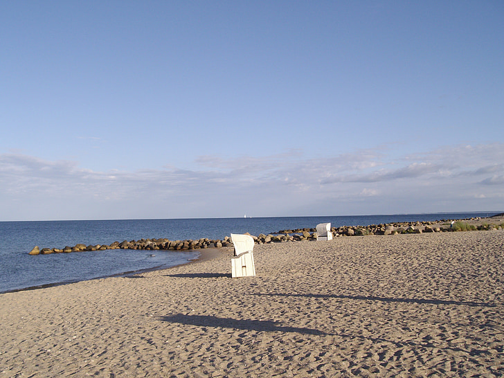 coast, shadow, beach chair, sand, beach, blue, water