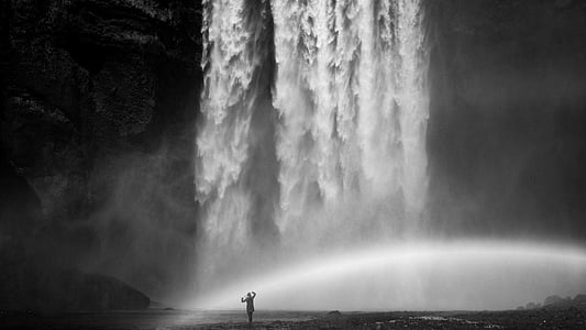 watervallen, natuur, zwart, wit, buiten, zwart-wit, mensen