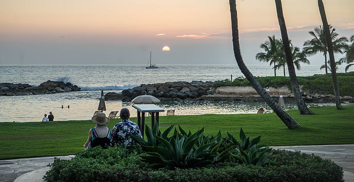 Západ slunce, Havaj, Palmové stromy, pláž, oceán, Hawaii beach, léto