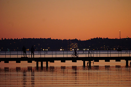 coucher de soleil, Lac, pont, silhouettes, piétons, paysage, Lac washington