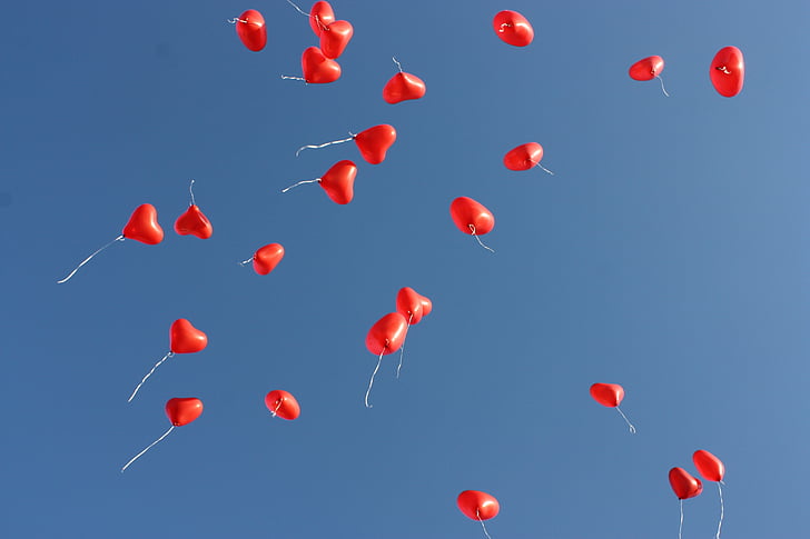 balloon, blue sky, blue, sky, fly, heart, love