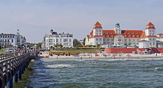 Binz, Rügen, Kurhaus, jūros tiltas, paplūdimys, Baltijos jūros, pajūrio kurortas
