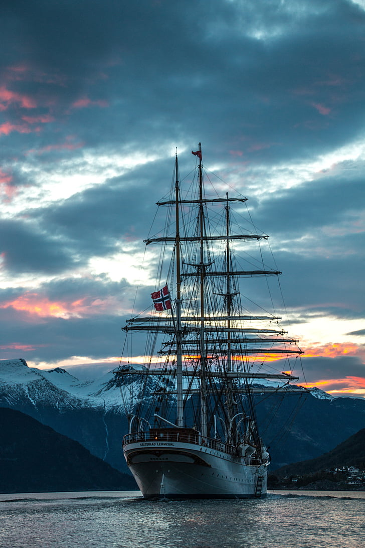 sailboat, sail, norway, fjord, ship, boat, snow