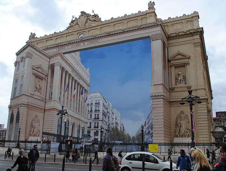 Optisk bedrägeri, Marseille, börsen, byggnad, målning, bedrägeri, kuturhauptstadt