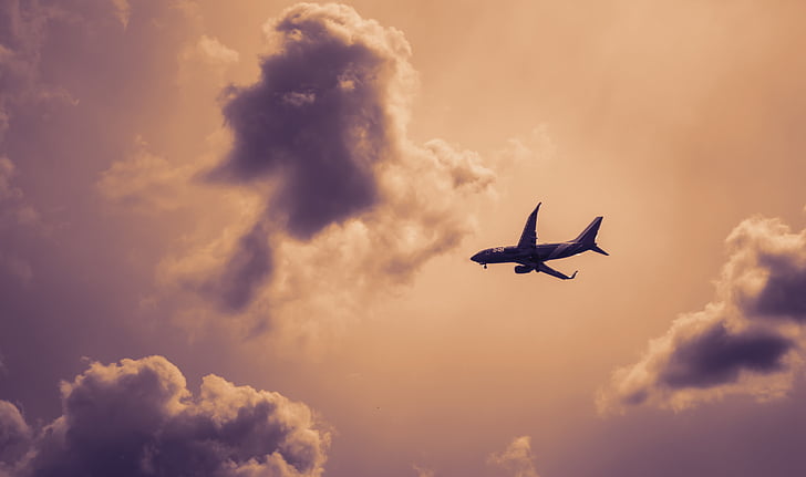 avió, avió, cel, núvols, ennuvolat, silueta, silueta d'avió