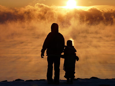 fog, mist, golden, sunrise, lake, father son, family