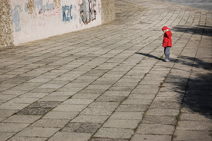 lonely, boy, child, red, a small child, a person, city