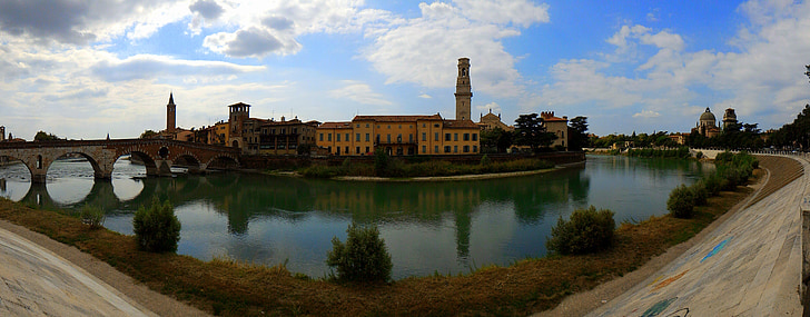 folyó, város, Verona, híd, Adige, víz, Sky