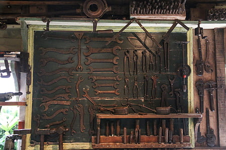 tools, key, pincers, hammer, drills, key in knob, old tools