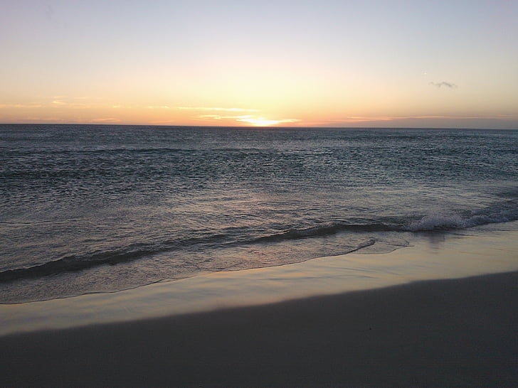 日落, 海滩, mar