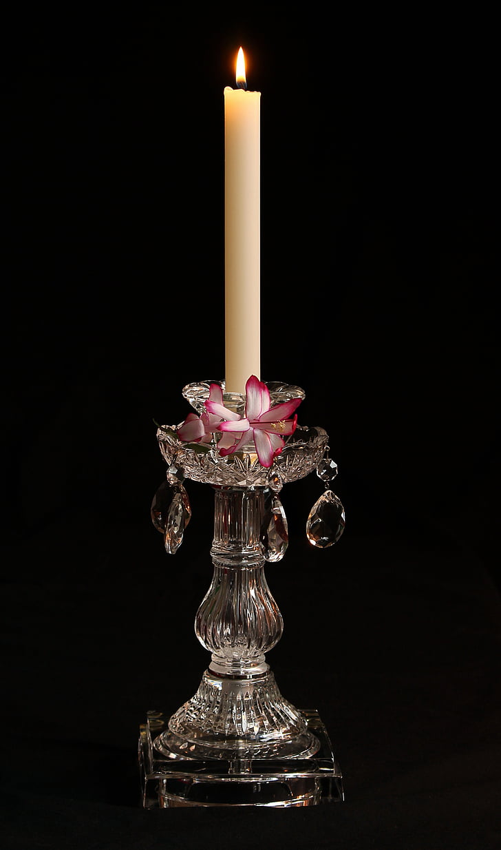 candlestick, crystal, prism, cut glass, candle, candelabra, flame
