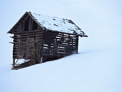 barn, winter, log cabin, heustadel, wintry, field barn