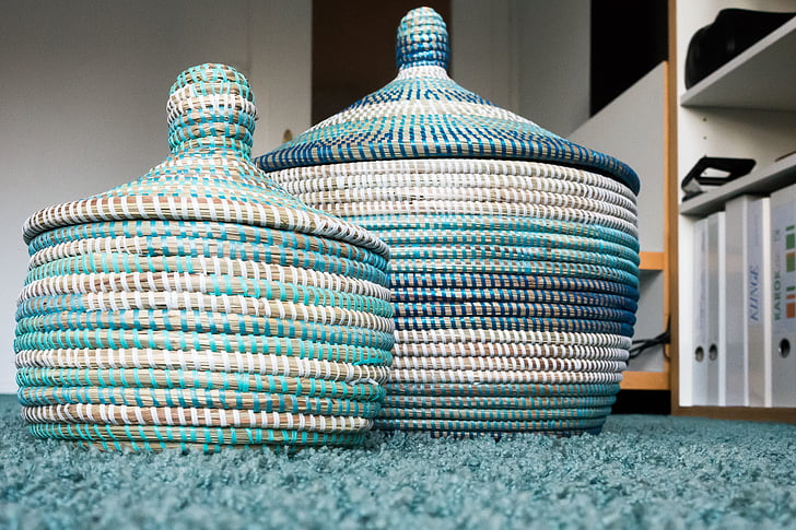 basket, raffia basket, turquoise, white, blue, structure, container