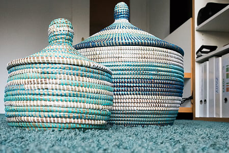 cesta, cesta de rafia, turquesa, Blanco, azul, estructura, envase