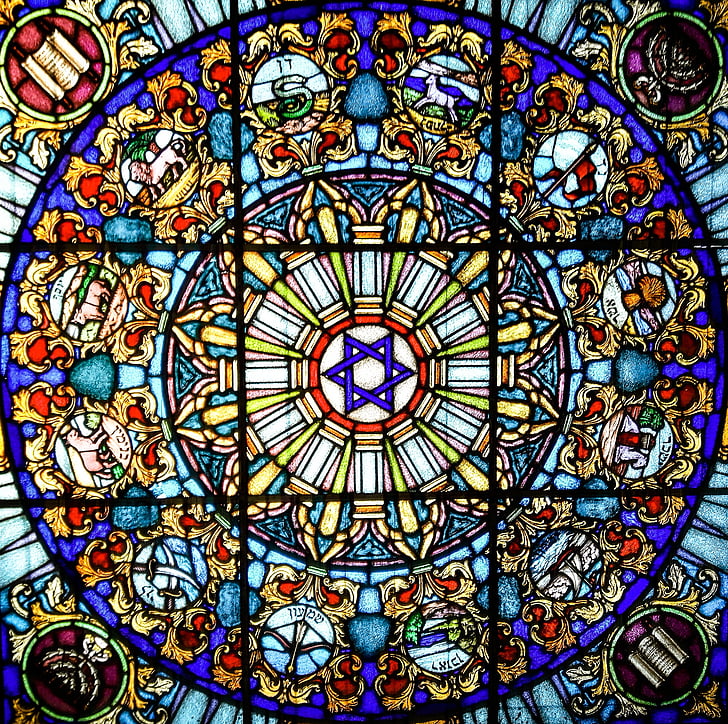 vitrage, stained glass, church window, star, star of david, architecture, faith