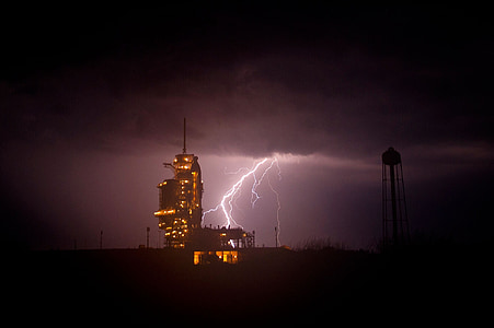 endeavour space shuttle, lightning, cape canaveral, spacecraft, launch pad, clouds, vehicle