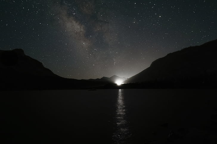 escala de grisos, fotografia, cos, l'aigua, nit, estrelles, natura
