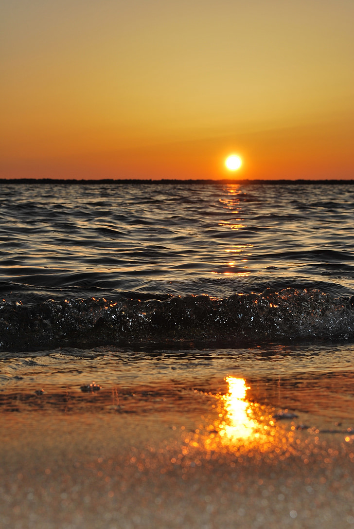 sunset, sunrise, beach, ocean, horizon, sand, waves