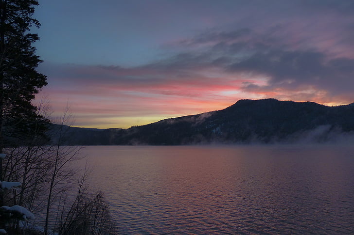 soloppgang, canim innsjø, britisk columbia, Canada, Lake, vann, Vinter