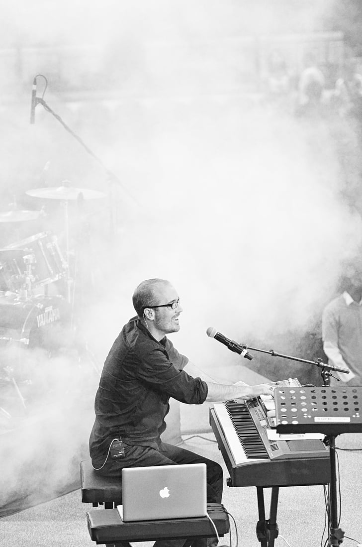 music, keyboards, musician, concert, entertainment, stage, smoke