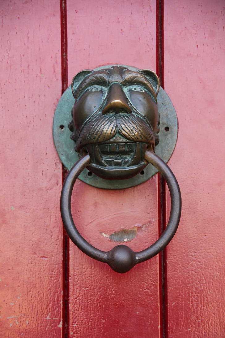red, door, doorknocker, metal, lion, ring, input