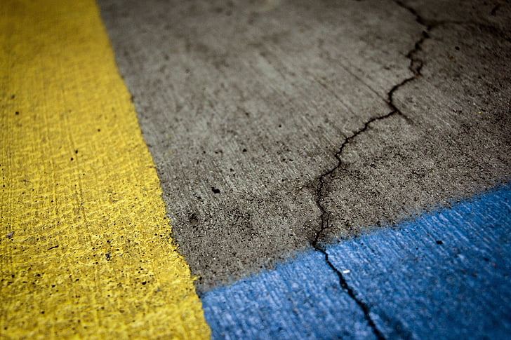 asphalte, gros plan, peinture, route, texturé, bleu, jaune