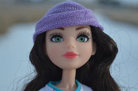 tvár, bábika, brunetka, hračka, klobúk, vlasy, oči
