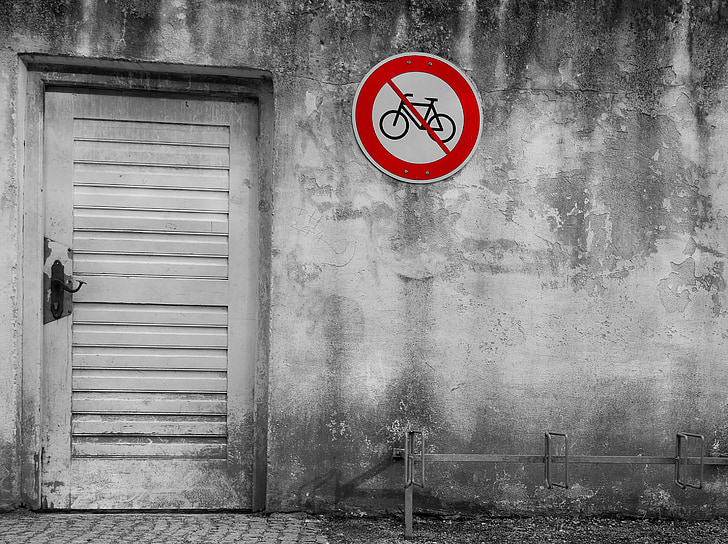 bicicletes prohibits, prohibit, signe, símbol, no hi ha bicicletes