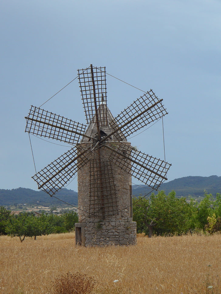 stari mlin, vjetrenjača, reper, Mallorca, povijesno, mlin, zgrada