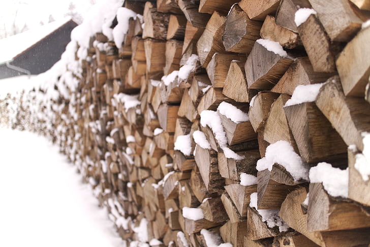 holzstapel, musim dingin, kayu bakar, salju