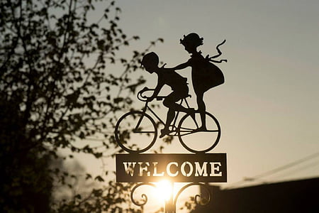 silhouette, garçon, jeune fille, Circ., vélo, découpe, décor