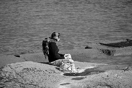woman, character, solitude, meditation, black and white, humans, people