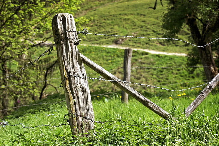 post, pasture fence, fence, demarcation, old, wire, pile