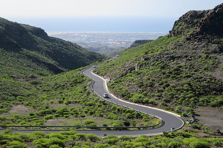 carretera, montaña, cielo, Maspalomas, de gran canaria, Islas Canarias, pista de despeque
