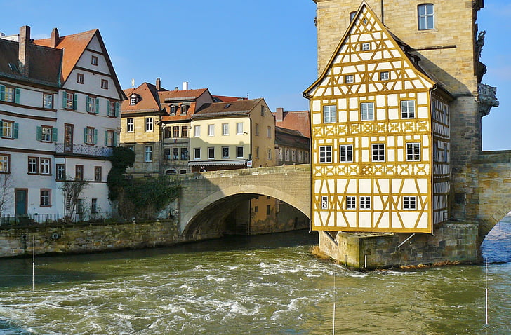 Bamberg, Balai kota, Kota pemandangan rottmeister cottage, fachwerkhaus, Regnitz, Franconian, arsitektur