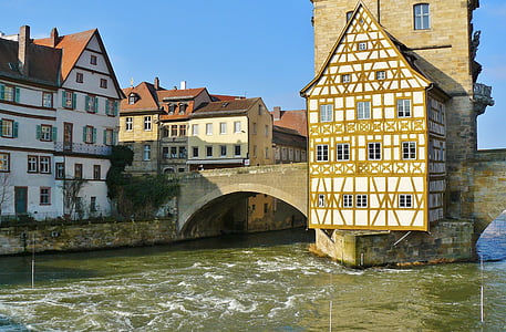 Bambergas, rotušė, miesto vaizdas rottmeister kotedžas, fachwerkhaus, pasodino, Frankonijos, Architektūra