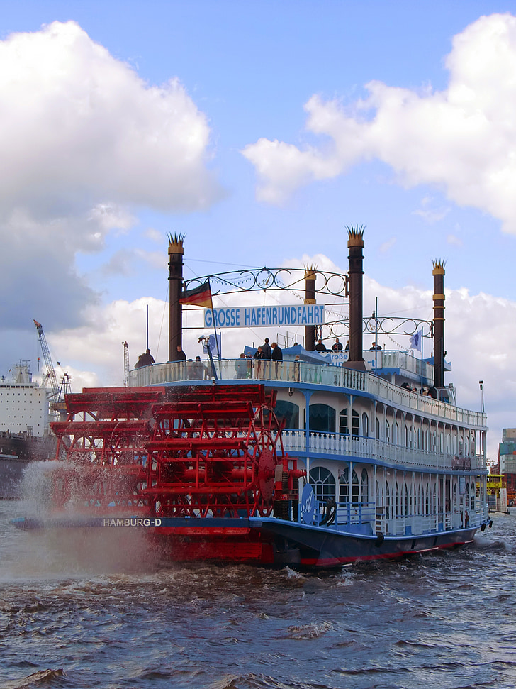 Hamburg, Port wycieczkowy, parostatek, statek, parowce wiosła, Paddle steamer, koło łopatkowe