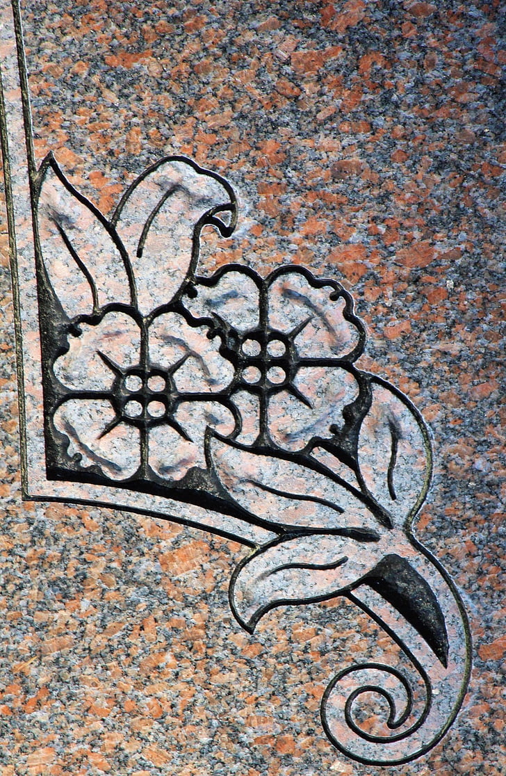 carving, blommor, gravsten, symbol, detalj, granit, grav