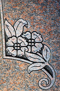udskæring, blomster, gravsten, symbol, detaljer, granit, grav