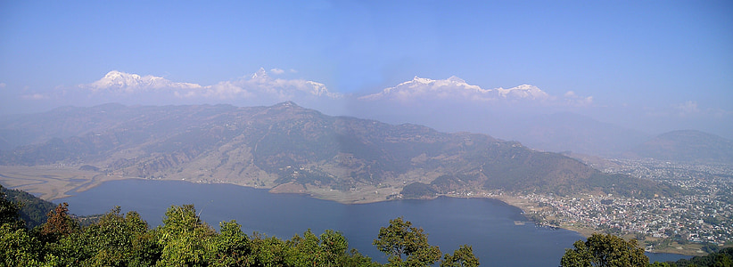 pokhara, nepal, phewa see, himalayas, mountains, panorama