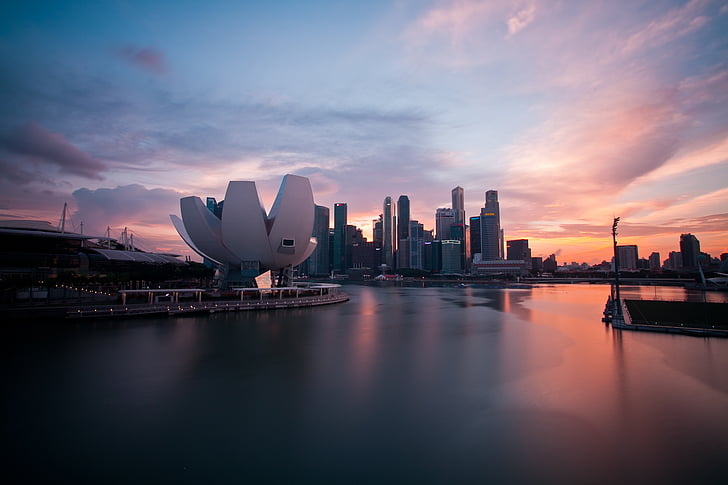 CBD, marinarea, Singapore, bygge, himmelen, lang eksponering, glatt