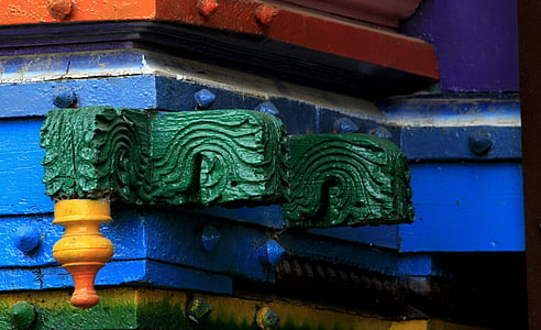 wooden carving, colourful, carved, paint, blue, outside, life