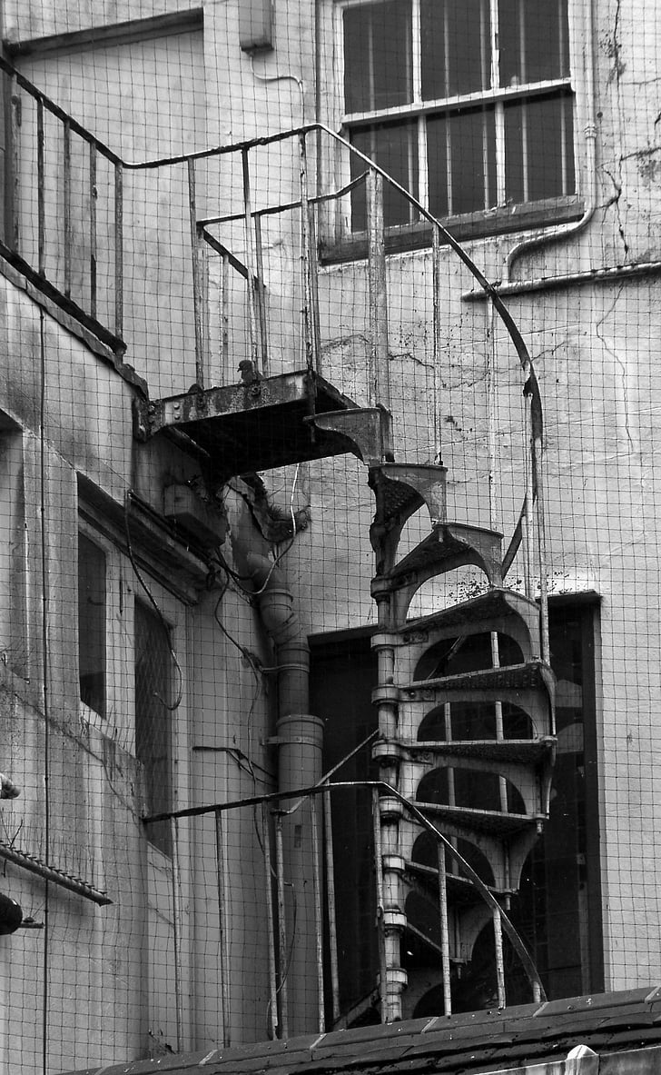 black and white, stairs, iron, fire escape