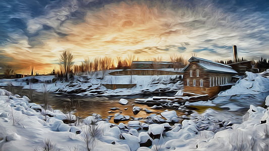 landskap, vinter, soluppgång, snö, kall frost, målning, digital målning